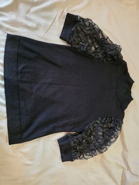 Catherine Malandrino Black Ribbed Knit Top with Lace Detail